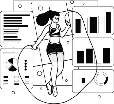 Ilustración de Chica sana fitness saltar ilustración cuerda en estilo garabato aislado en el fondo - Imagen libre de derechos
