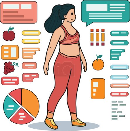 Téléchargez les illustrations : Fitness girl qui aime la santé perd du poids illustration dans le style doodle isolé sur fond - en licence libre de droit