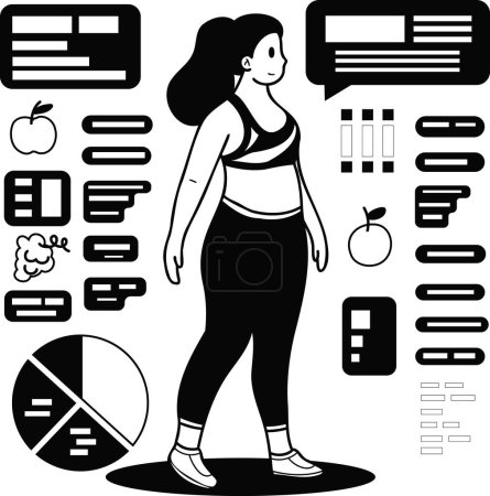 Illustration for Fitness girl who loves health is losing weight illustration in doodle style isolated on background - Royalty Free Image