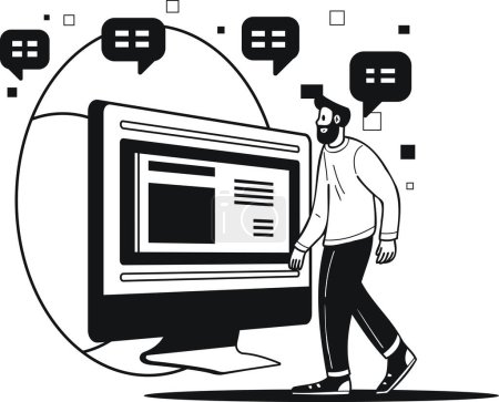 Téléchargez les illustrations : Homme d'affaires avec illustration d'ordinateur portable dans le style doodle isolé sur fond - en licence libre de droit