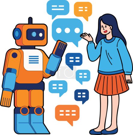 Illustration for Woman talking to AI robot illustration in doodle style isolated on background - Royalty Free Image