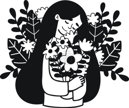 Ilustración de Mujer con flor en mujer día concepto ilustración en estilo doodle aislado sobre fondo - Imagen libre de derechos