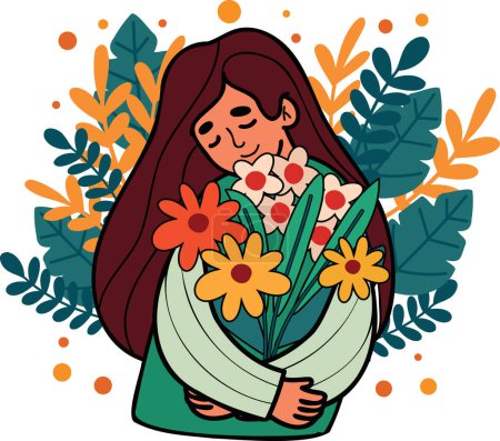 Téléchargez les illustrations : Femme avec fleur dans la femme illustration concept de jour dans le style doodle isolé sur fond - en licence libre de droit