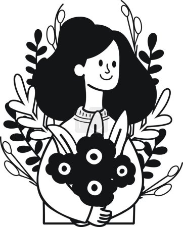 Ilustración de Mujer con flor en mujer día concepto ilustración en estilo doodle aislado sobre fondo - Imagen libre de derechos