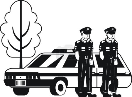 Ilustración de Policía con ilustración de coche de policía en estilo garabato aislado en el fondo - Imagen libre de derechos