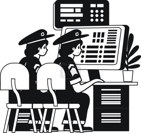 Illustration for Policeman and police station illustration in doodle style isolated on background - Royalty Free Image