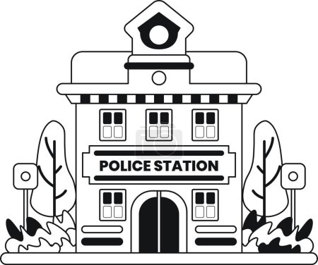 Téléchargez les illustrations : Illustration de bâtiment de poste de police dans le style doodle isolé sur fond - en licence libre de droit