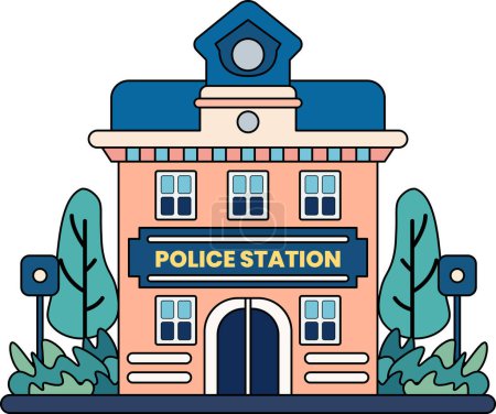 Téléchargez les illustrations : Illustration de bâtiment de poste de police dans le style doodle isolé sur fond - en licence libre de droit