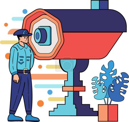 Ilustración de Policía con ilustración de cámara de seguridad en estilo doodle aislado sobre fondo - Imagen libre de derechos