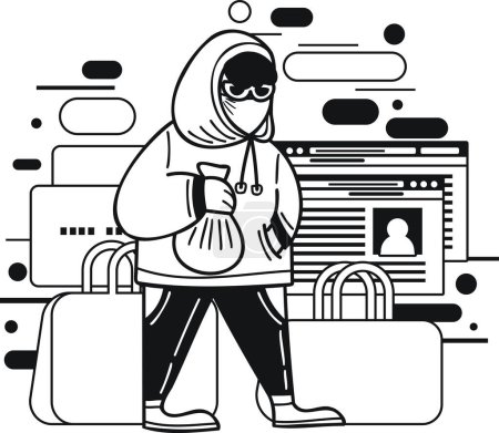 Ilustración de Ilustración de ladrones y hackers en estilo garabato aislado sobre fondo - Imagen libre de derechos