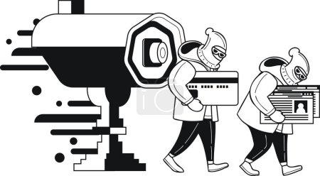 Téléchargez les illustrations : Illustration voleur et caméra de sécurité dans un style doodle isolé en arrière-plan - en licence libre de droit