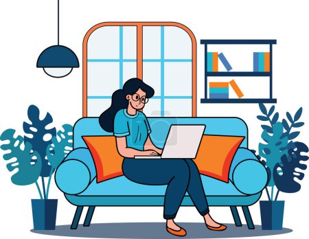 Illustration for Freelance woman sitting at home working with laptop illustration in doodle style isolated on background - Royalty Free Image