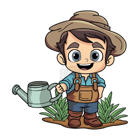 Téléchargez les illustrations : Heureux agriculteur mâle avec une illustration de caractère arrosoir dans le style doodle isolé sur fond - en licence libre de droit