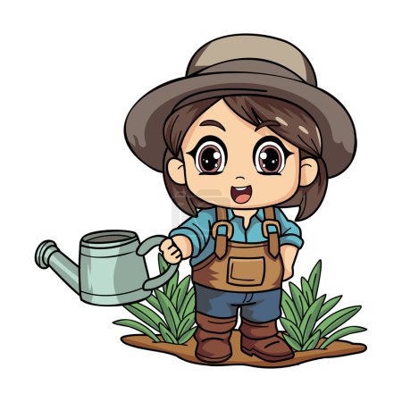 Téléchargez les illustrations : Heureux agriculteur femelle avec une illustration de caractère arrosoir dans le style doodle isolé sur fond - en licence libre de droit