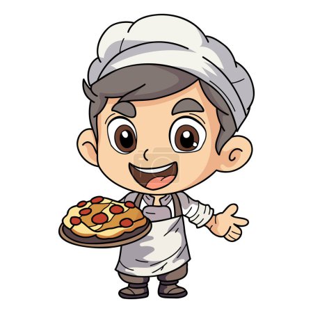 Ilustración de Feliz chef hombre sosteniendo la ilustración de alimentos en estilo doodle aislado en el fondo - Imagen libre de derechos