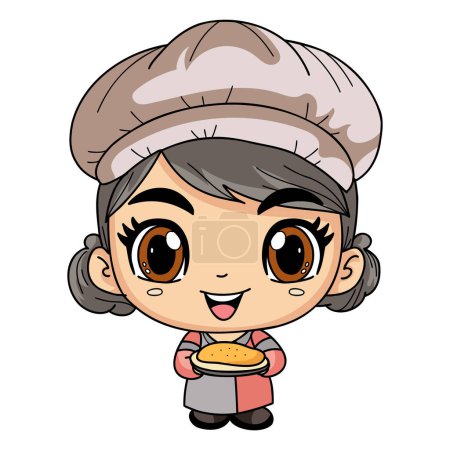 Téléchargez les illustrations : Happy femme chef personnage tenant illustration de nourriture dans le style doodle isolé sur fond - en licence libre de droit