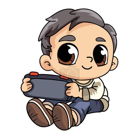 Illustration for Happy boy with portable game character illustration in doodle style isolated on background - Royalty Free Image