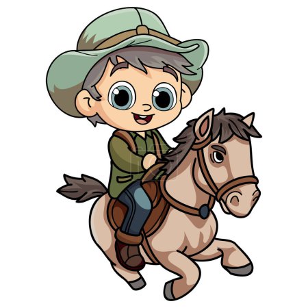 Ilustración de Hombre granjero feliz montando un personaje de caballo ilustración en estilo garabato aislado en el fondo - Imagen libre de derechos