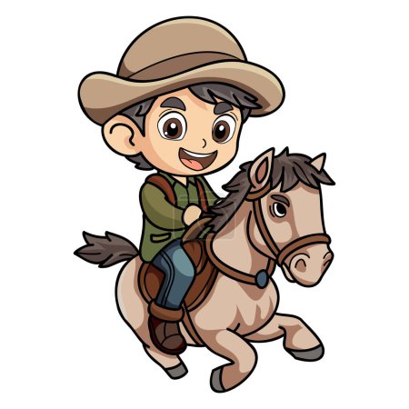 Téléchargez les illustrations : Homme fermier heureux chevauchant une illustration de caractère de cheval dans le style doodle isolé sur fond - en licence libre de droit