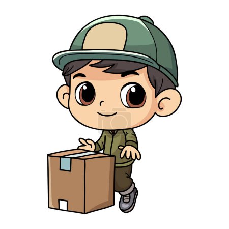 Ilustración de Hombre de entrega feliz con ilustración de caracteres de caja de paquete en estilo doodle aislado en el fondo - Imagen libre de derechos