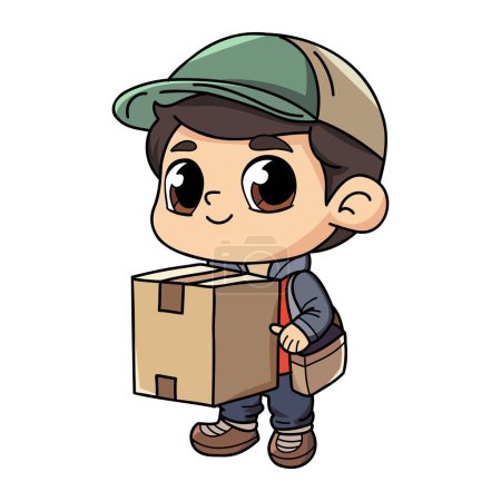 Illustration for Happy delivery man with package box character illustration in doodle style isolated on background - Royalty Free Image