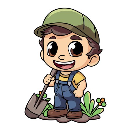 Ilustración de Hombre agricultor feliz trabajando duro ilustración de carácter en estilo doodle aislado en el fondo - Imagen libre de derechos
