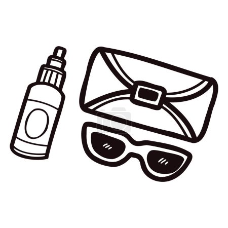 Téléchargez les illustrations : Écran solaire mignon dessiné à la main et lunettes dans le style doodle isolé sur fond - en licence libre de droit