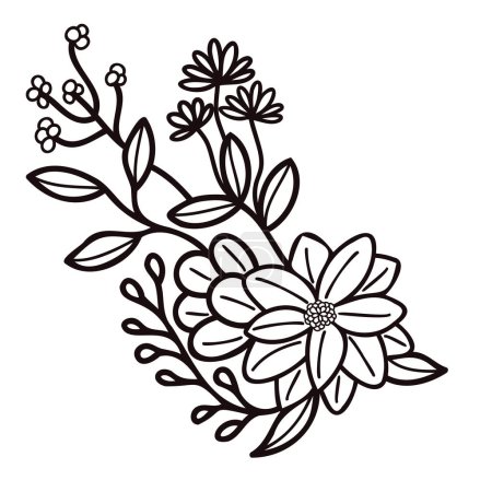 Ilustración de Flores dibujadas a mano con ramitas en estilo garabato aisladas sobre fondo - Imagen libre de derechos