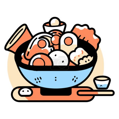 Téléchargez les illustrations : Nourriture japonaise dessinée à la main dans un style doodle isolé sur fond - en licence libre de droit