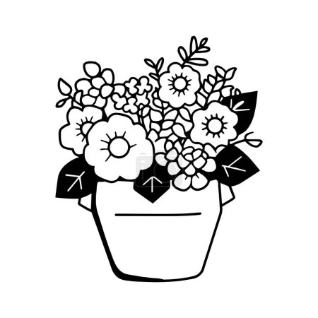 Téléchargez les illustrations : Bouquet de fleurs dessiné à la main dans un pot en style doodle isolé sur fond - en licence libre de droit