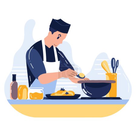 Téléchargez les illustrations : Chef dessiné à la main cuisiner dans la cuisine illustration de style plat pour des idées d'affaires isolées sur fond - en licence libre de droit