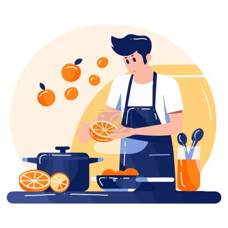 Téléchargez les illustrations : Chef dessiné à la main cuisiner dans la cuisine illustration de style plat pour des idées d'affaires isolées sur fond - en licence libre de droit