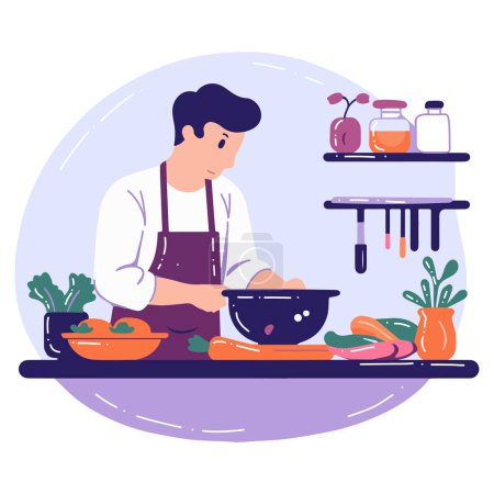 Illustration for Hand Drawn chef cooking in the kitchen flat style illustration for business ideas isolated on background - Royalty Free Image