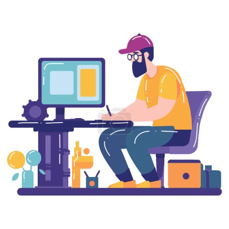 Illustration for Hand Drawn Freelance man working in the office style illustration for business ideas isolated on background - Royalty Free Image