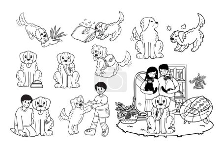Téléchargez les illustrations : Collection de chiens et de familles Golden retriever dessinée à la main en illustration de style plat pour des idées d'affaires isolées sur fond - en licence libre de droit