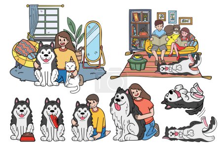Ilustración de Colección de perro y familia dibujada a mano en ilustración de estilo plano para ideas de negocios aisladas sobre fondo - Imagen libre de derechos