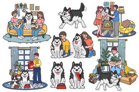 Illustration for Hand Drawn dog and family collection in flat style illustration for business ideas isolated on background - Royalty Free Image