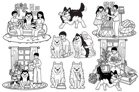 Téléchargez les illustrations : Collection chien et famille dessinée à la main en illustration de style plat pour idées d'affaires isolées sur fond - en licence libre de droit