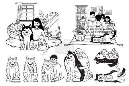 Téléchargez les illustrations : Collection chien et famille dessinée à la main en illustration de style plat pour idées d'affaires isolées sur fond - en licence libre de droit
