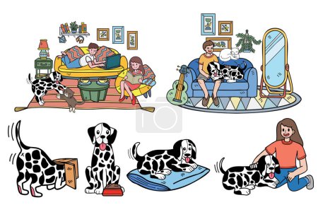 Ilustración de Colección de perro y familia dálmata dibujada a mano en ilustración de estilo plano para ideas de negocios aisladas sobre fondo - Imagen libre de derechos