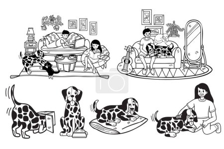 Téléchargez les illustrations : Collection dalmate dessinée à la main pour chien et famille en illustration de style plat pour idées d'affaires isolées sur fond - en licence libre de droit
