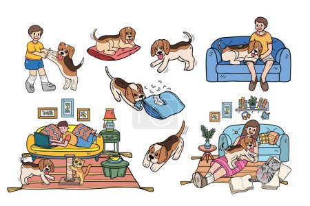 Téléchargez les illustrations : Chien beagle dessiné à la main et collection familiale en illustration de style plat pour idées d'affaires isolées sur fond - en licence libre de droit