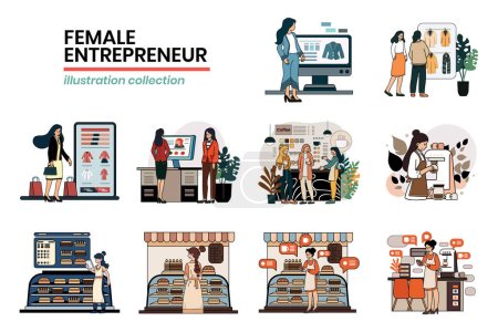 Ilustración de Empresaria femenina dibujada a mano con negocio en ilustración de estilo plano para ideas de negocios aisladas en segundo plano - Imagen libre de derechos