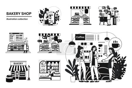 Téléchargez les illustrations : Café dessiné à la main avec collection femme barista en illustration de style plat pour des idées d'affaires isolées sur fond - en licence libre de droit
