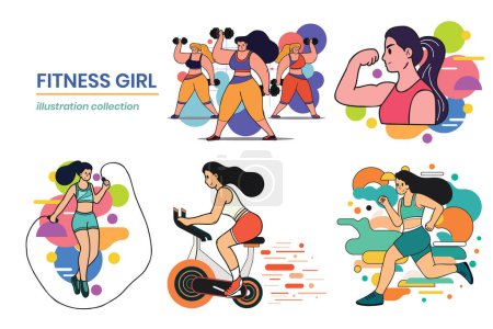 Ilustración de Chica Fitness dibujada a mano en el gimnasio en ilustración de estilo plano para ideas de negocios aisladas en el fondo - Imagen libre de derechos