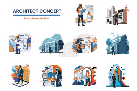 Ilustración de Colección de arquitectos e ingenieros dibujados a mano en ilustración de estilo plano para ideas de negocio aisladas sobre fondo - Imagen libre de derechos
