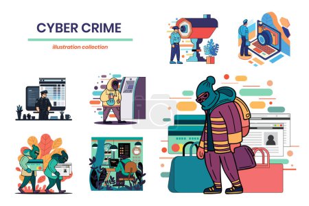 Téléchargez les illustrations : Collection Cyber menaces et hackers dessinée à la main dans un style plat illustration pour des idées d'affaires isolées sur fond - en licence libre de droit