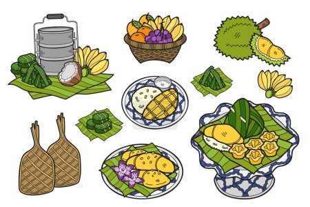 Téléchargez les illustrations : Collection de desserts thaïlandais dessinés à la main en illustration de style plat pour idées d'affaires isolées sur fond - en licence libre de droit