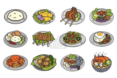 Téléchargez les illustrations : Collection de nourriture thaïlandaise dessinée à la main en illustration de style plat pour des idées d'affaires isolées sur fond - en licence libre de droit