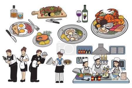 Téléchargez les illustrations : Chef dessiné à la main avec collection de nourriture en illustration de style plat pour des idées d'affaires isolées sur fond - en licence libre de droit